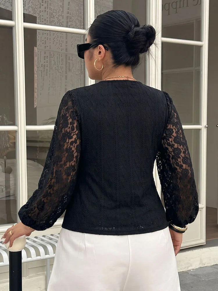Chain-Link Lace-Sleeve Knit Top