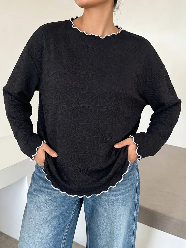 Textured Contrast-Piped Long-Sleeve Top