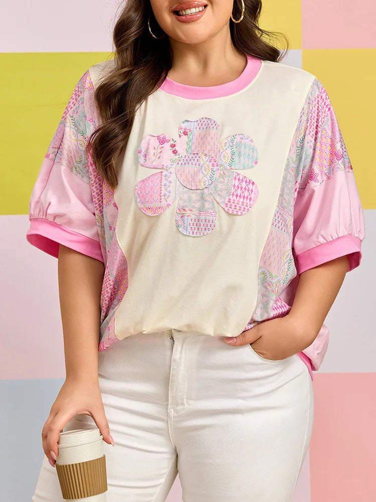 Patchwork Floral-Appliqué Puff-Sleeve Top