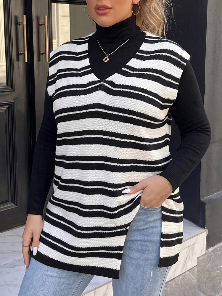 Striped Belted V-Neck Longline Vest