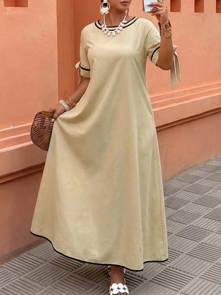Contrast-Trim Tie-Sleeve Maxi Dress