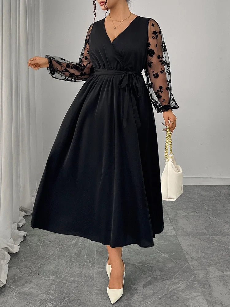 Floral-Mesh Sleeve Wrap Maxi Dress