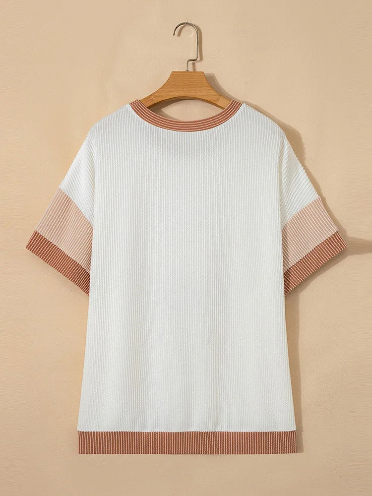 Triple-Bow Contrast-Trim Textured Top