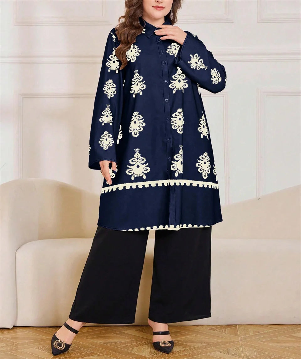 Motif Button Tunic & Wide-Leg Pants Set
