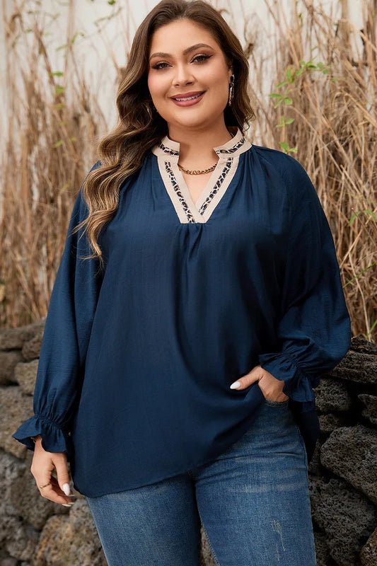 Contrast-Trim Split-Neck Blouse