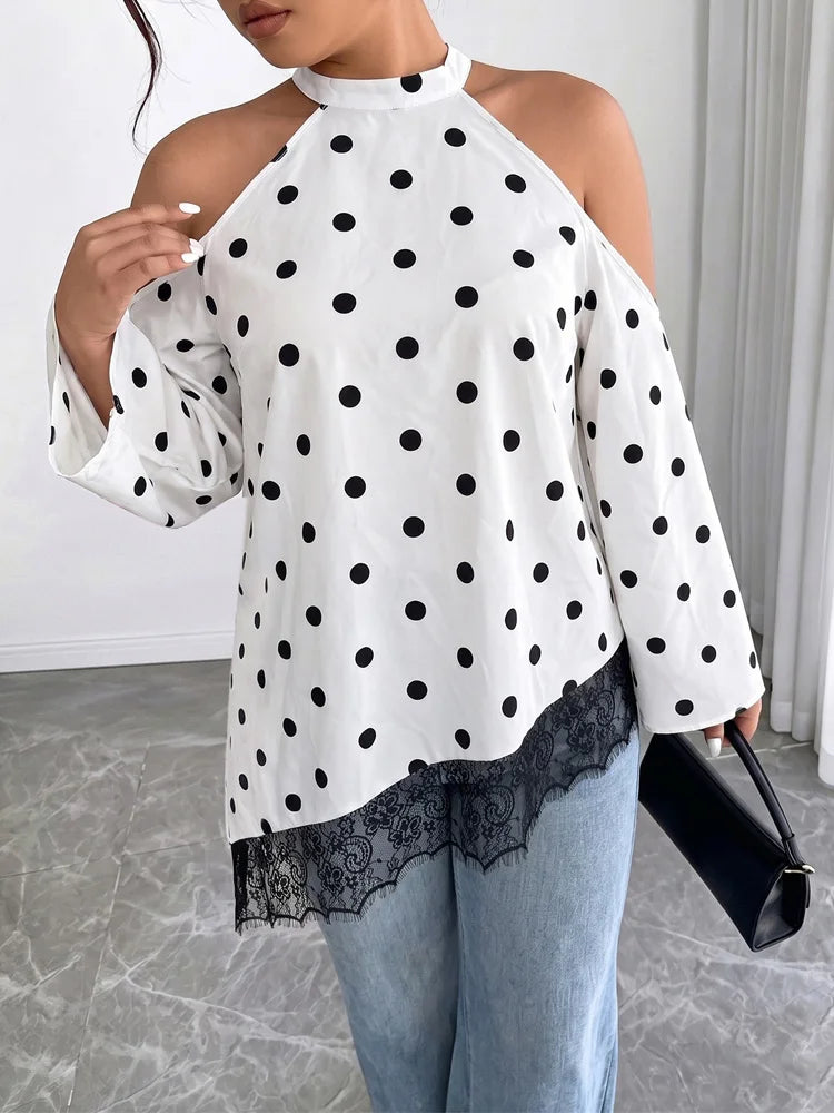 Polka-Dot Cold-Shoulder Lace Blouse
