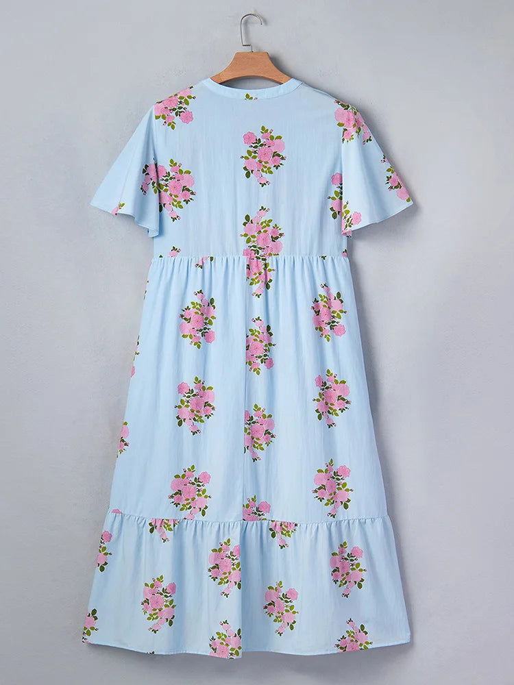 Ditsy-Floral Flutter-Sleeve Maxi Dress