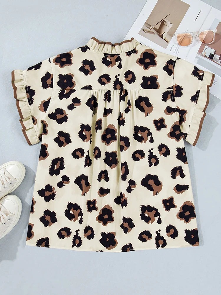 Leopard Ruffle-Trim Button-Down Shirt