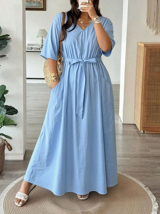Belted V-Neck Pocket Maxi Dress