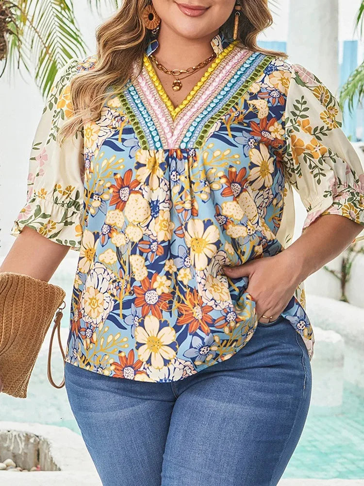 Beaded-Neck Floral Puff-Sleeve Blouse