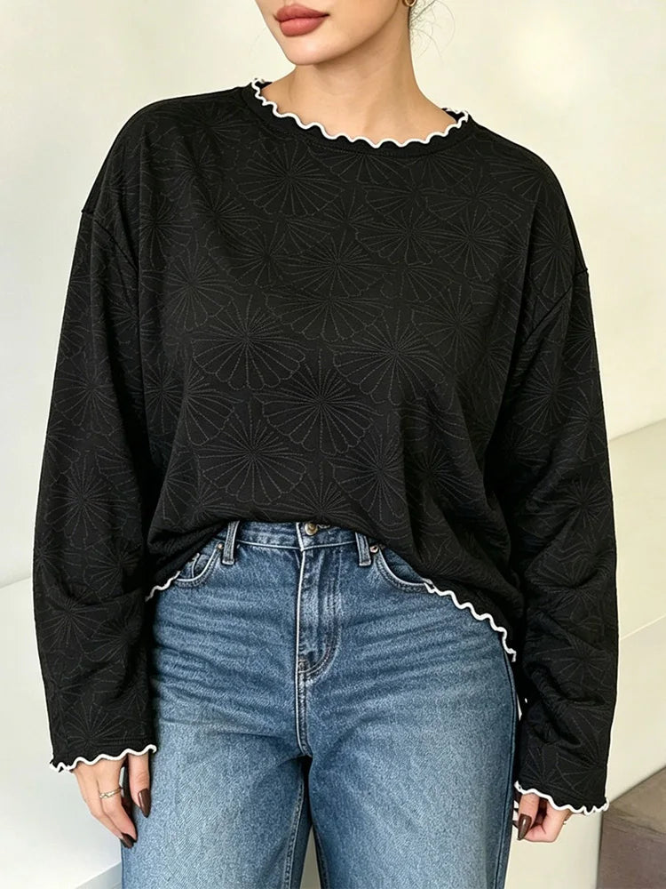Textured Contrast-Piped Long-Sleeve Top