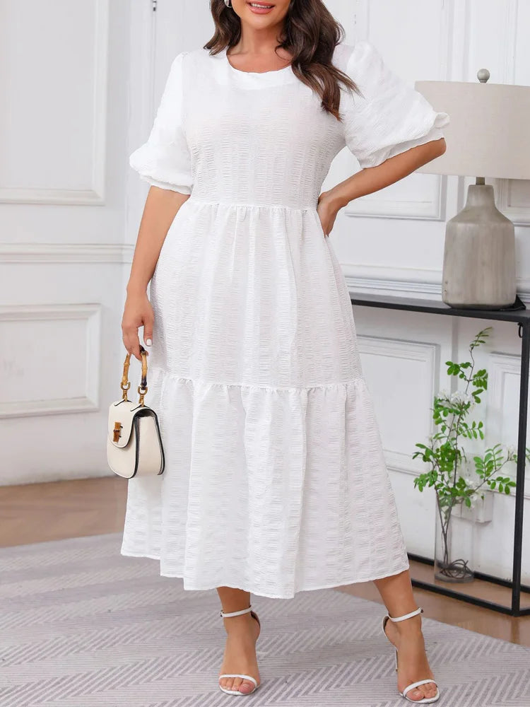 Textured Puff-Sleeve White Maxi Dress