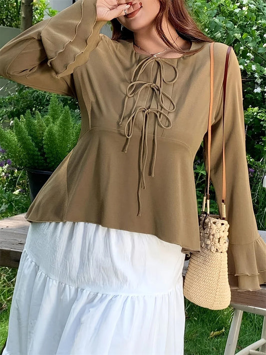 Triple-Tie Flared-Sleeve Peplum Top