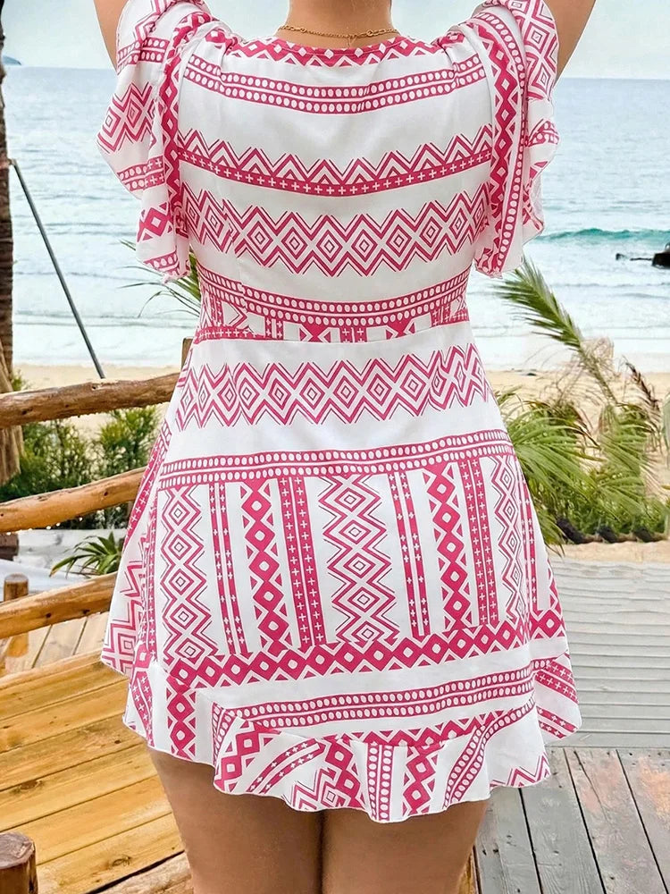 Geometric Tie-Front Ruffle-Hem Blouse