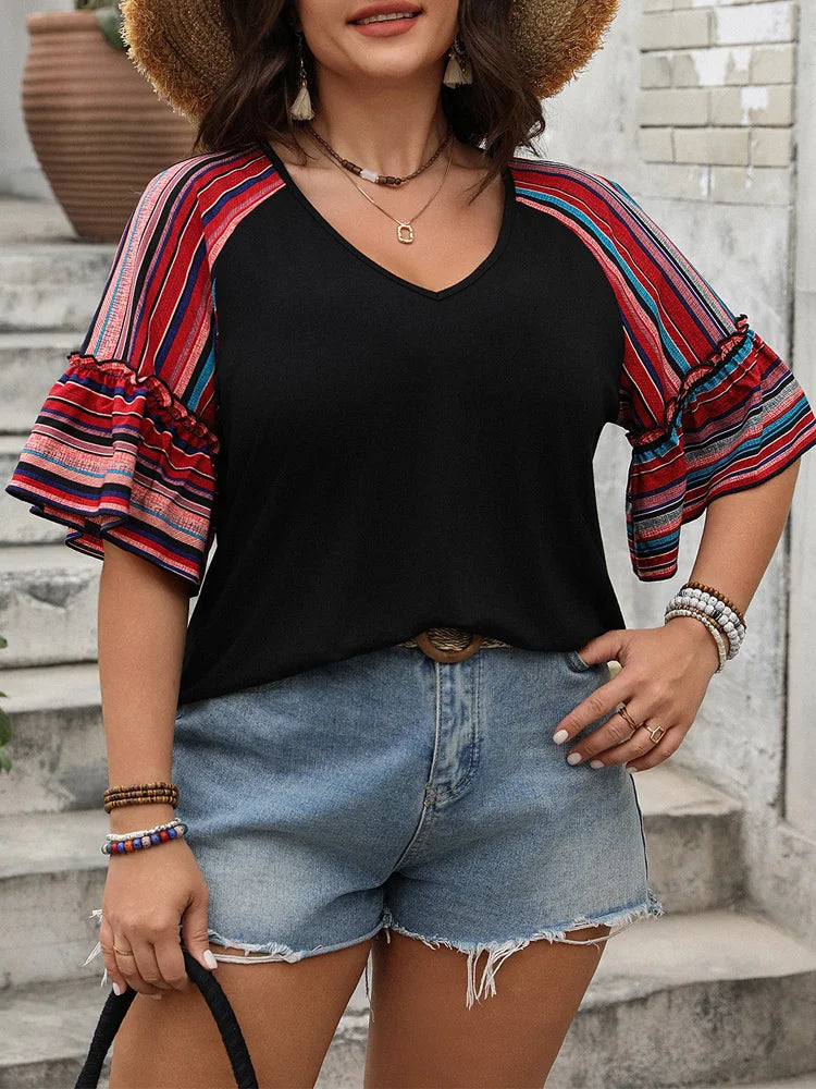 Contrast-Stripe Ruffle-Sleeve Top