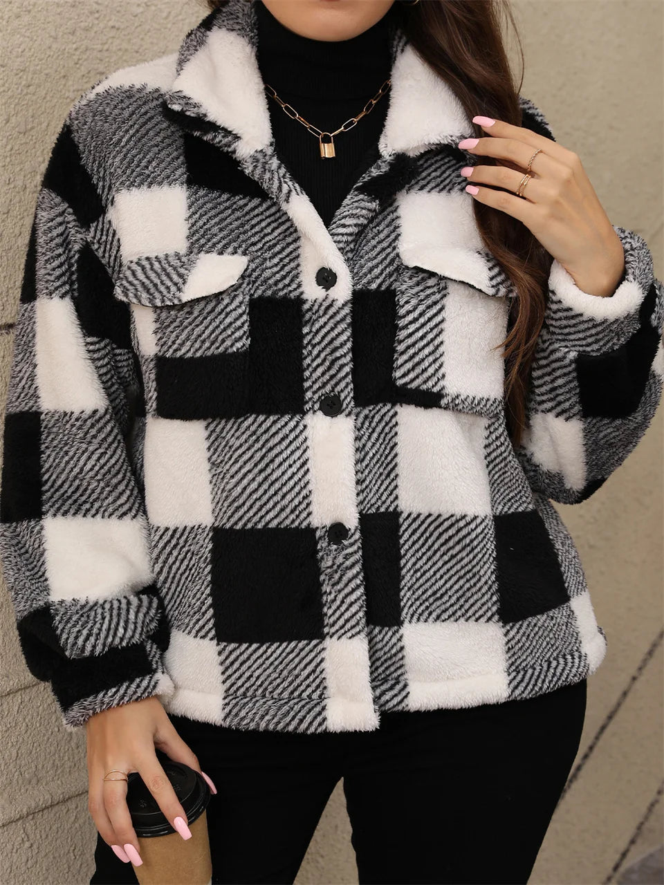 Fuzzy Plaid Button-Front Shirt Jacket