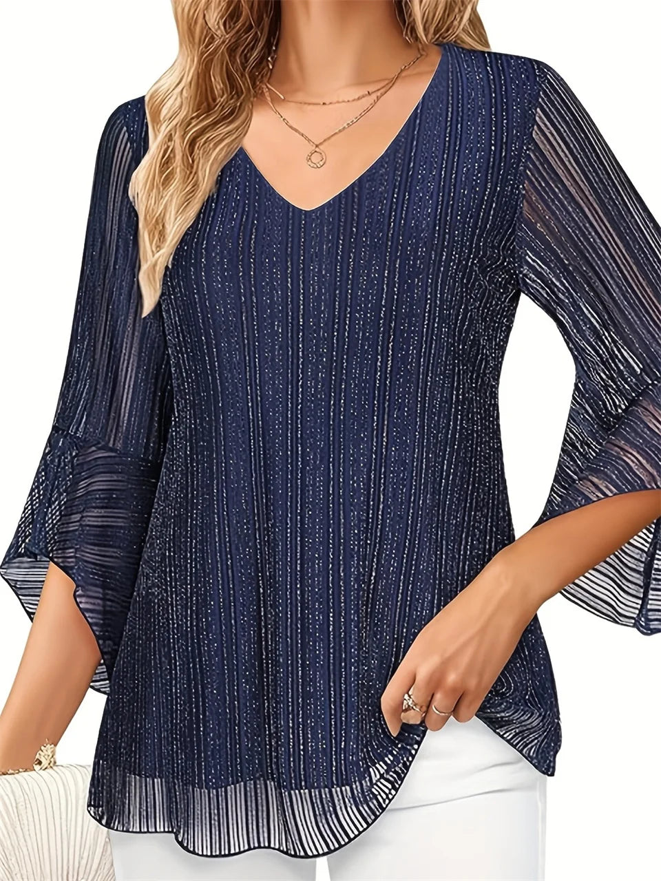 Shimmer-Stripe Flared-Sleeve Blouse