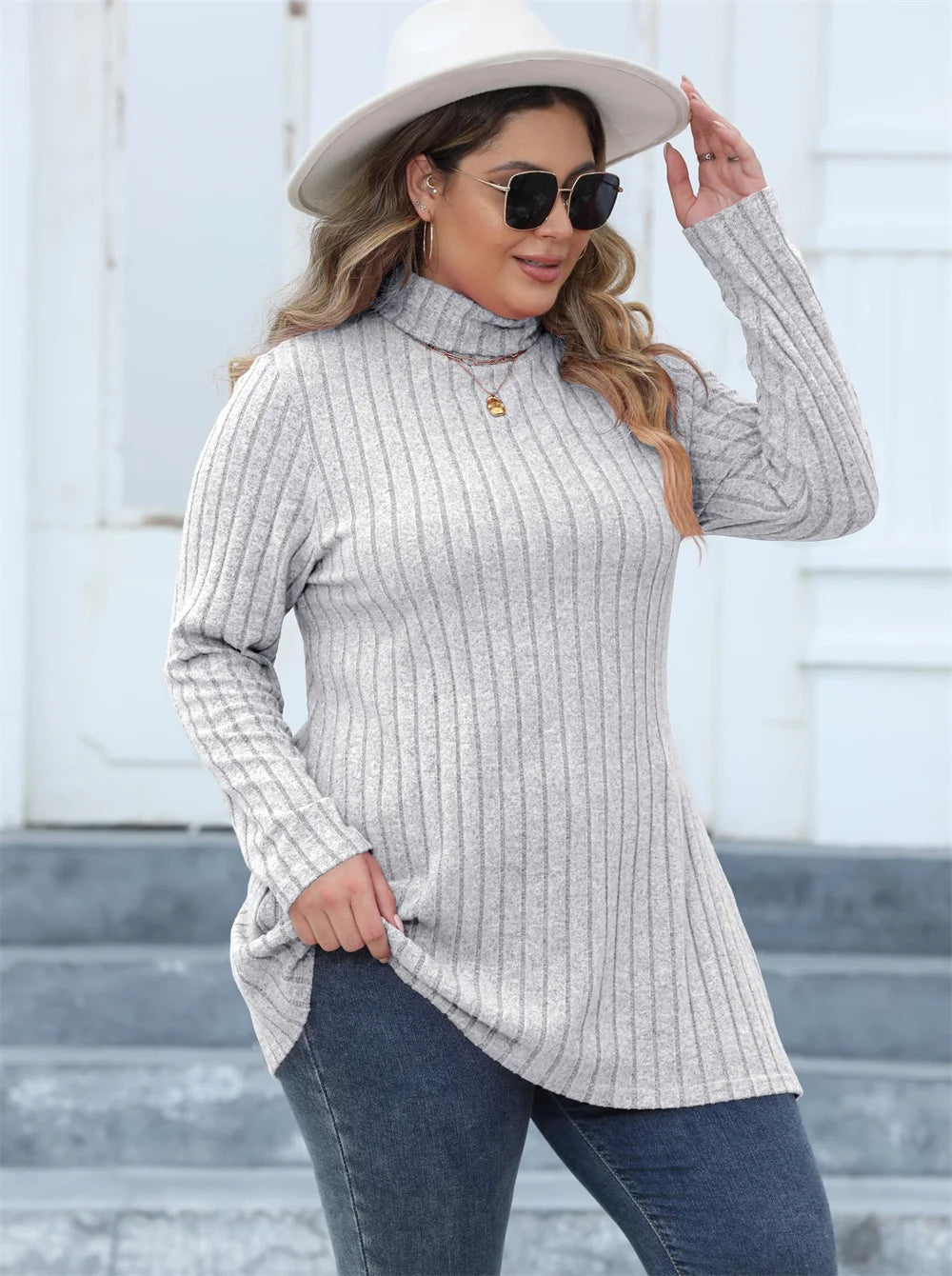 Ribbed Turtleneck Side-Slit Tunic