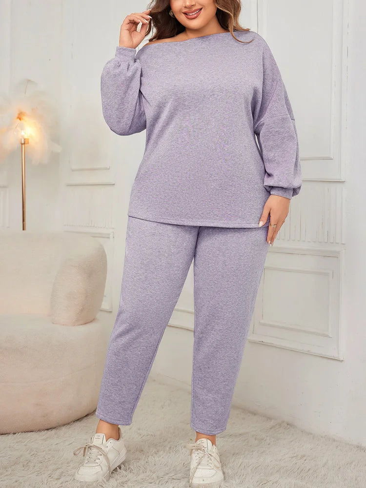 Off-Shoulder Sweatshirt & Tapered Pants Set
