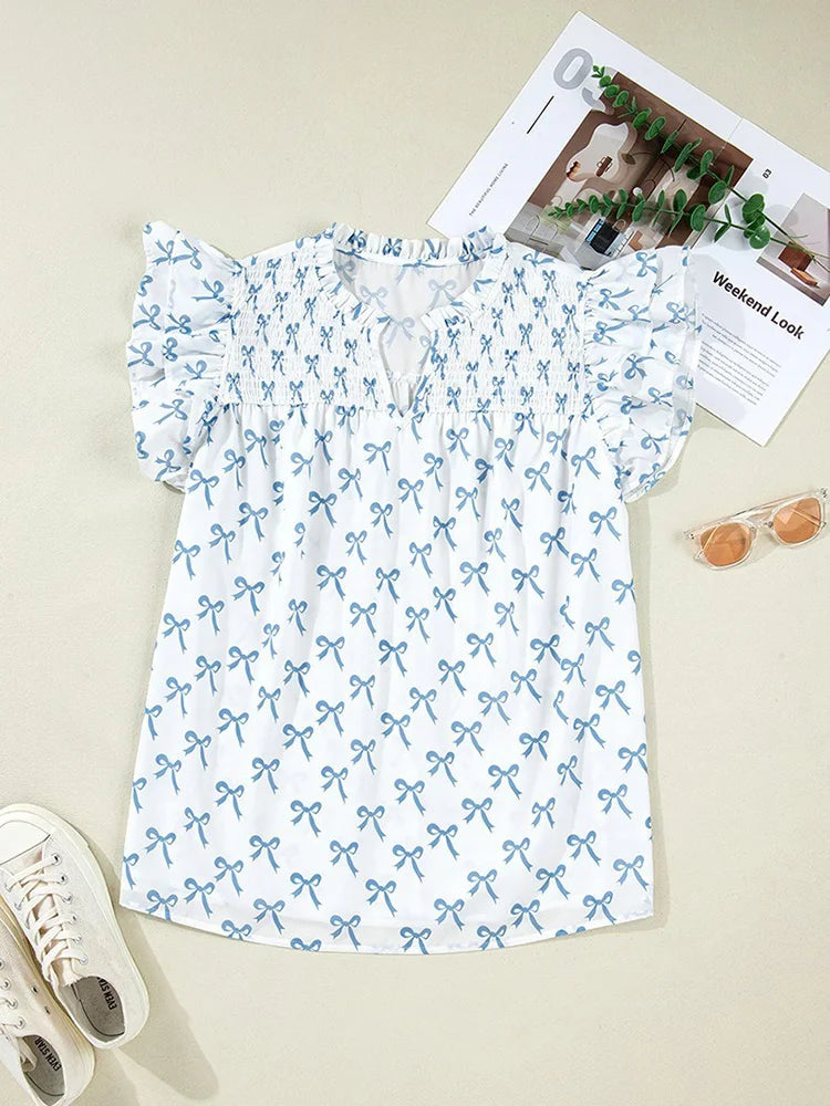 Bow-Print Ruffle-Sleeve Blouse