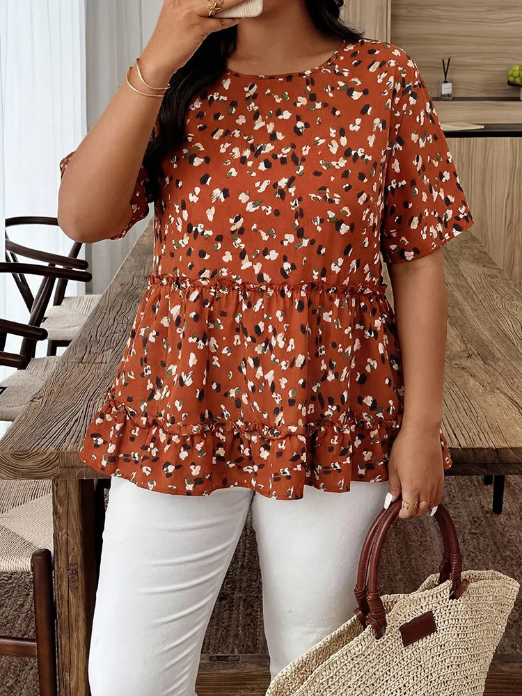 Abstract-Print Ruffle-Hem Peplum Top