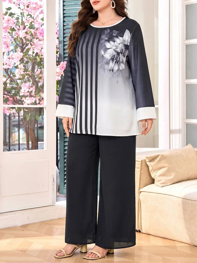 Floral-Stripe Tunic & Wide-Leg Pants Set