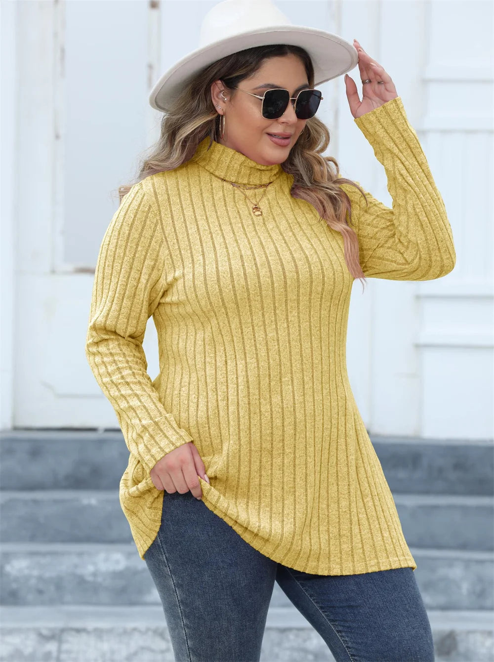 Ribbed Turtleneck Side-Slit Tunic