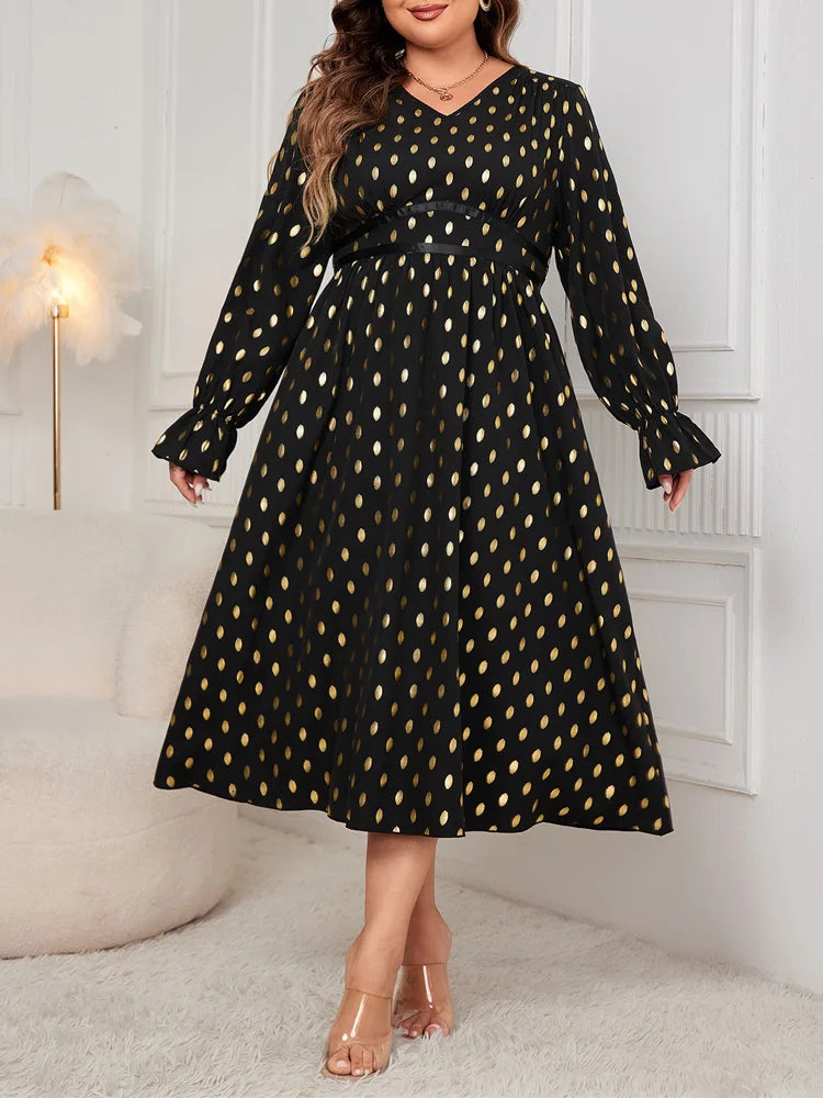 Metallic-Dot V-Neck Midi Dress