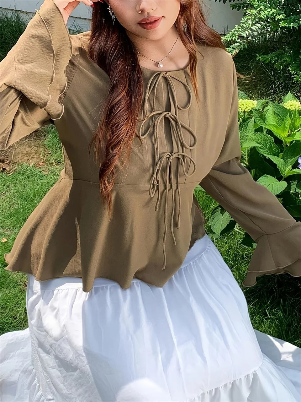 Triple-Tie Flared-Sleeve Peplum Top