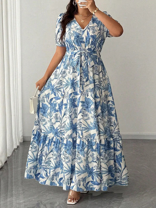 Botanical Puff-Sleeve Belted Maxi Dress
