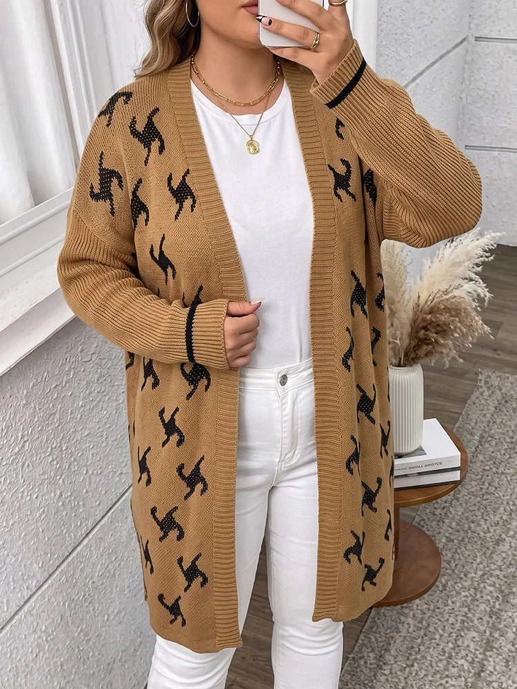 Cat-Print Longline Side-Slit Cardigan