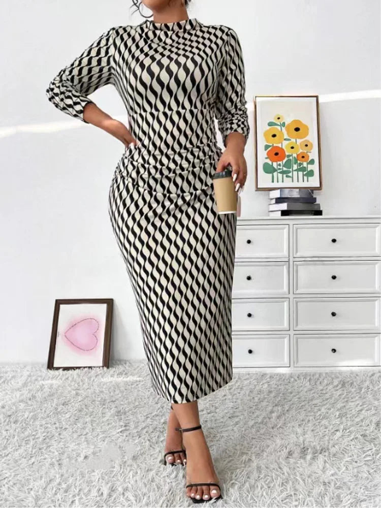 Wave-Print Mock-Neck Column Dress