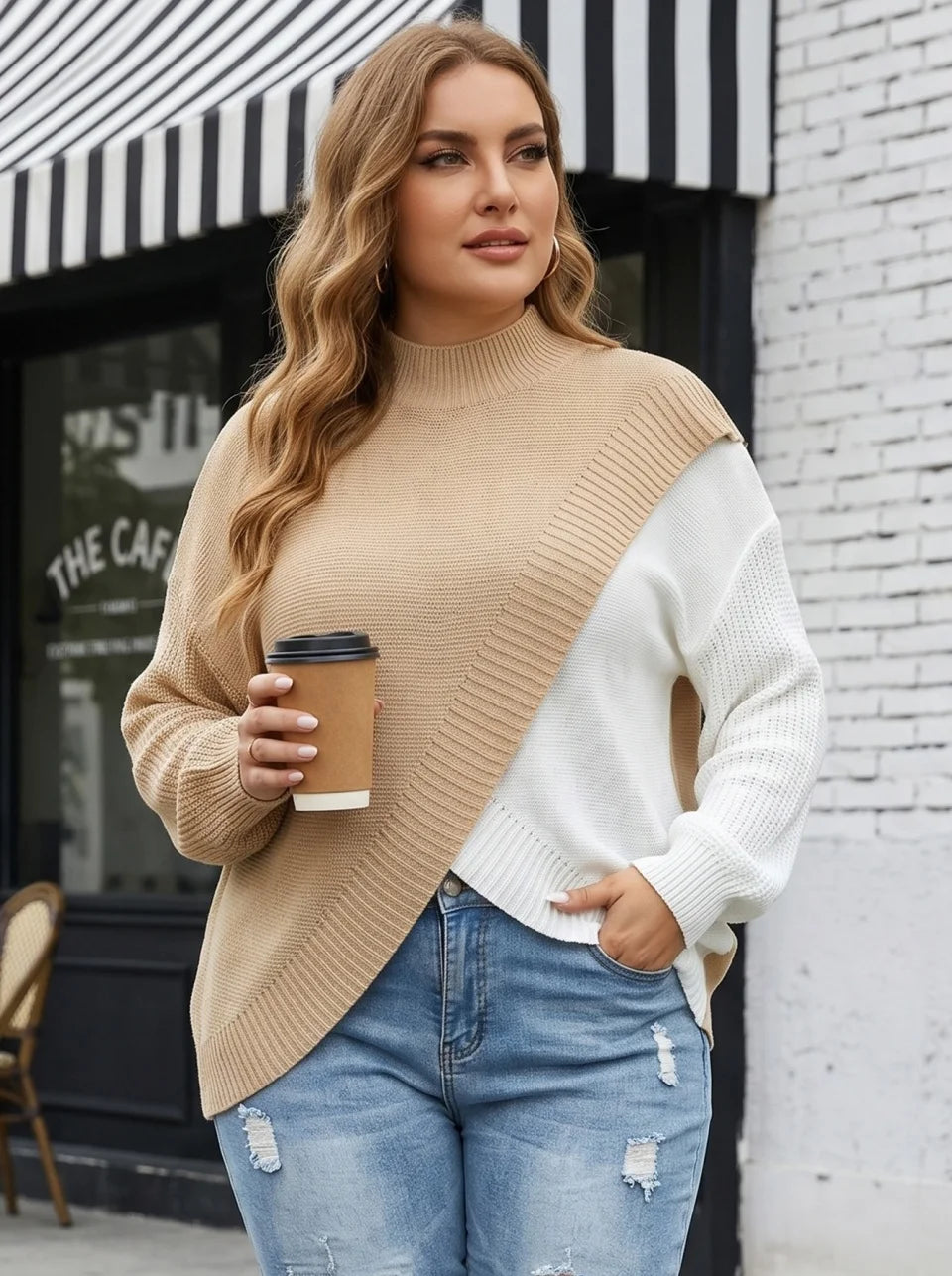 Colorblock Asymmetric Mock-Neck Sweater