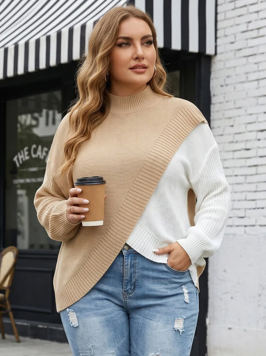 Colorblock Asymmetric Mock-Neck Sweater
