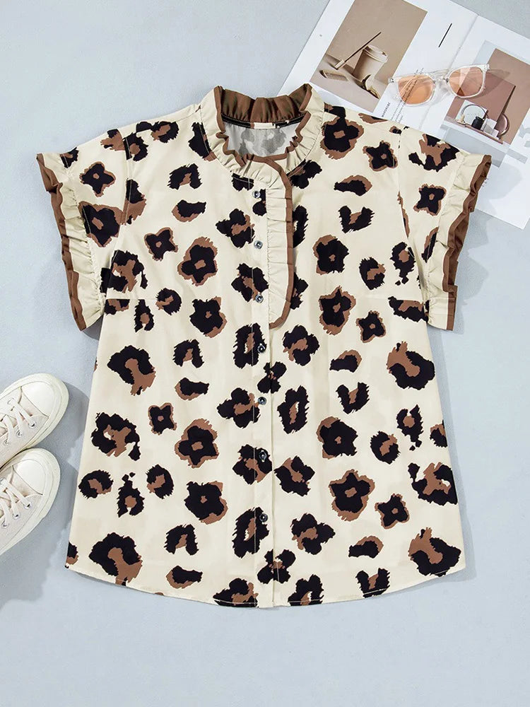 Leopard Ruffle-Trim Button-Down Shirt
