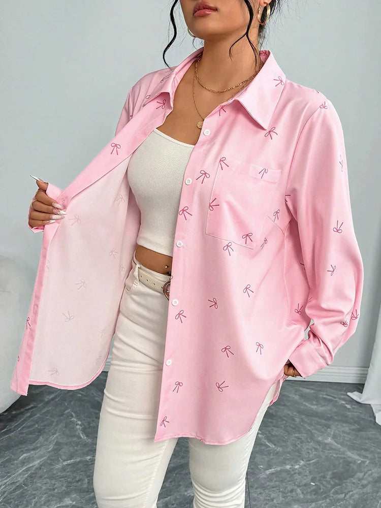 Bow-Print Oversized Button-Down Shirt