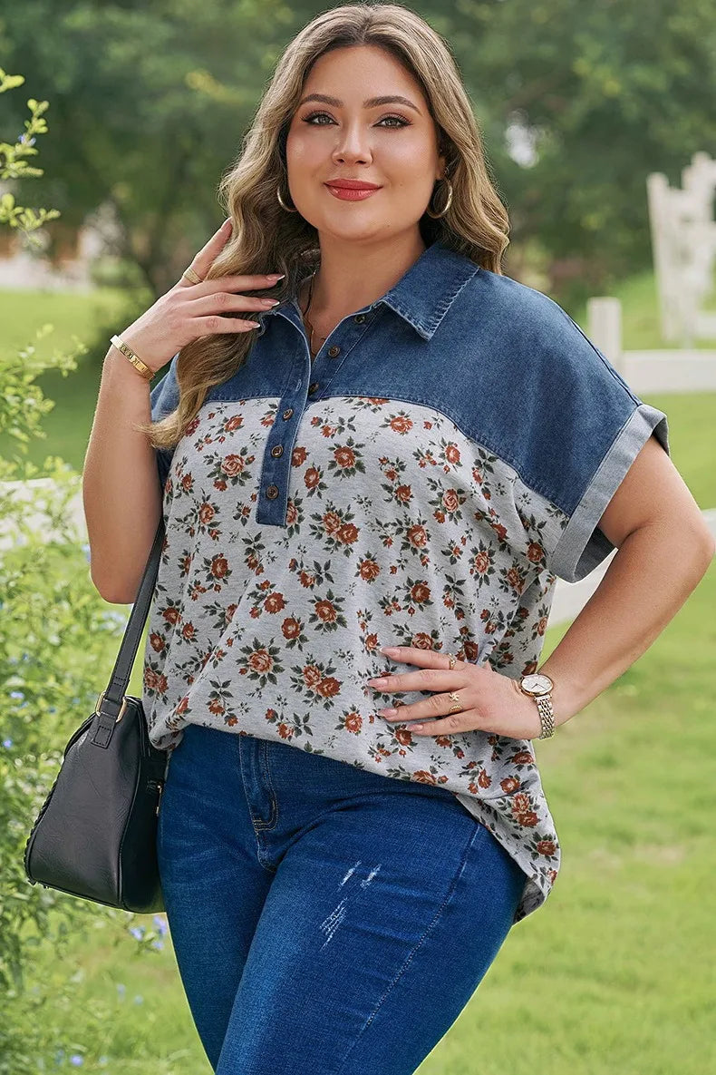 Floral Denim-Look Polo Blouse