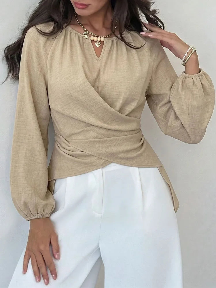 Ruched Wrap Balloon-Sleeve Blouse