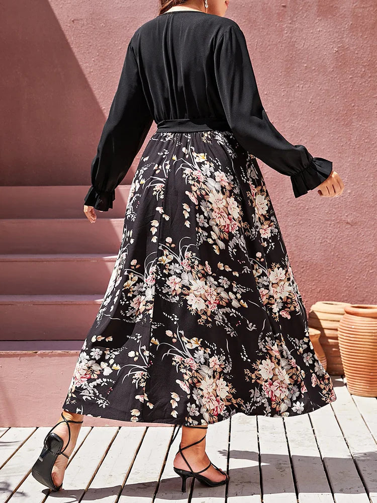 Floral-Panel Wrap Maxi Dress