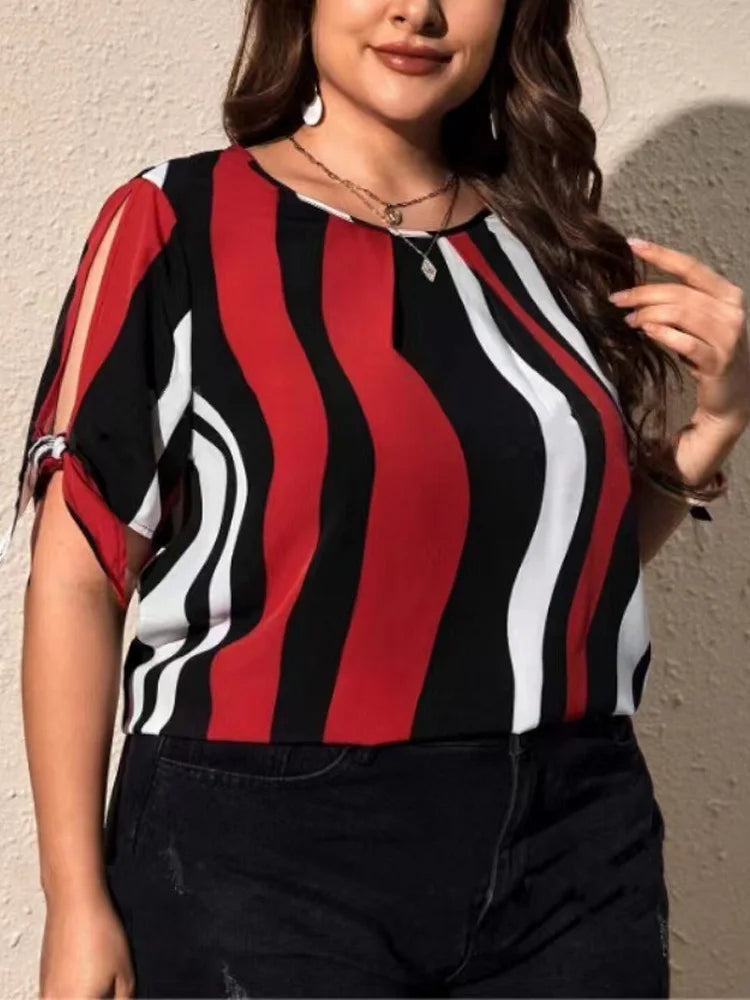 Wavy-Stripe Bow-Sleeve Top