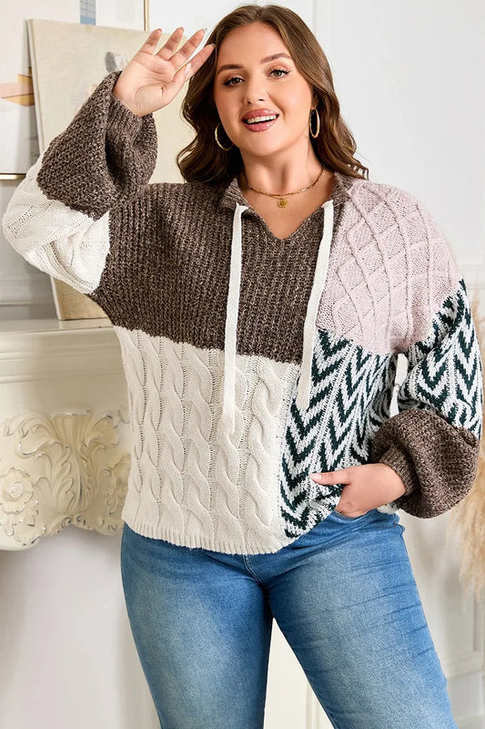 Mixed-Pattern Drawstring-Hood Sweater