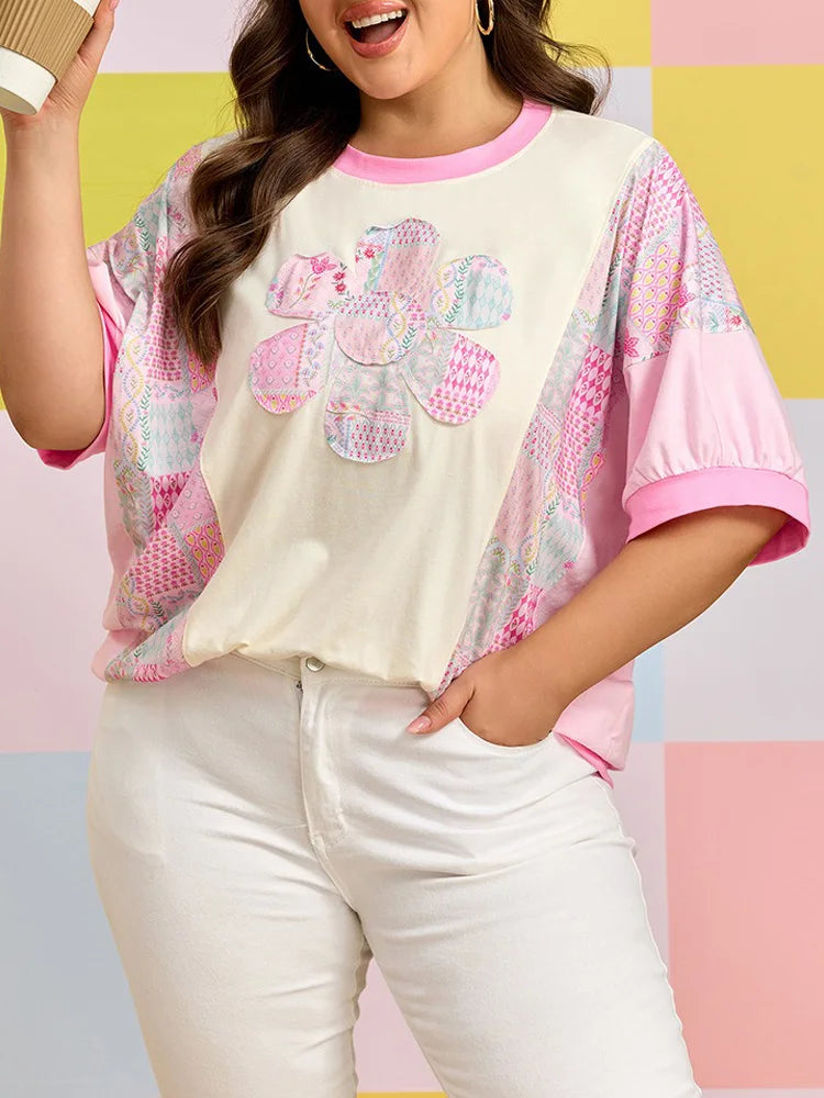 Patchwork Floral-Appliqué Puff-Sleeve Top