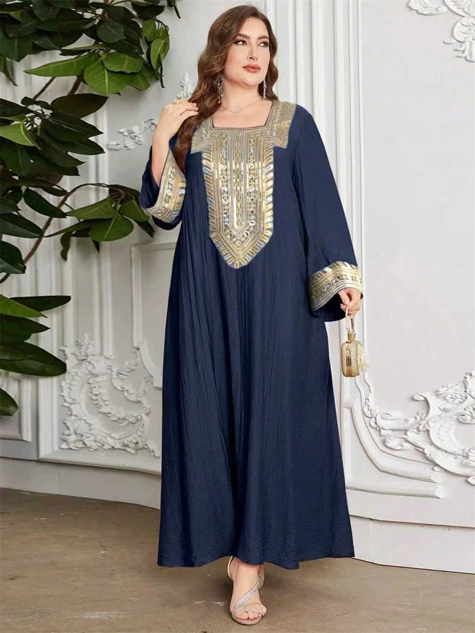 Ornate Square-Neck Kaftan Dress