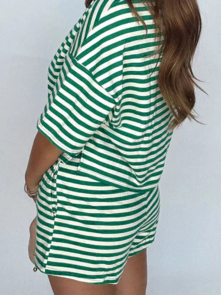 Striped Tee & Drawstring Shorts Set