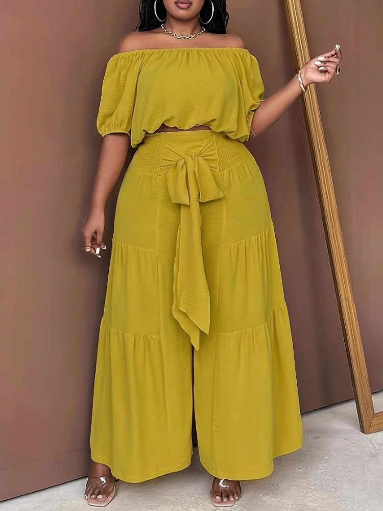 Off-Shoulder Top & Tiered Wide-Leg Pants Set