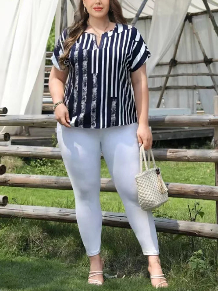 Mixed-Stripe Split-Neck Blouse