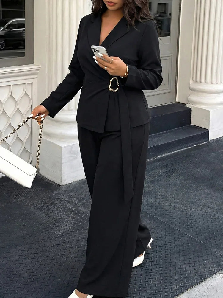 Buckle-Wrap Blazer & Wide-Leg Pants Set