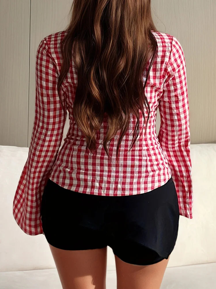 Gingham Bell-Sleeve Fitted Shirt