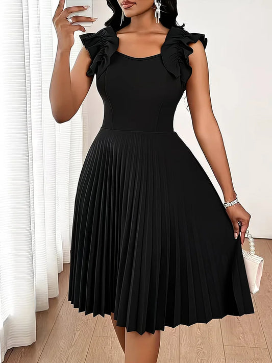 Ruffle-Shoulder Pleated Midi Dress
