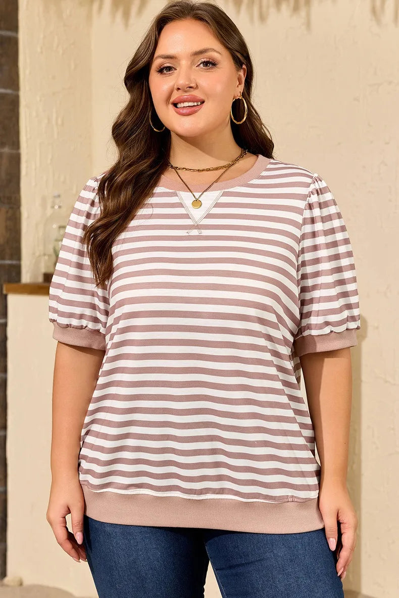 Striped Puff-Sleeve Crew-Neck Top